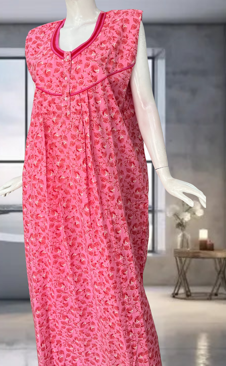 Pink Leafy Pure Cotton Sleeveless Nighty. Pure Durable Cotton | Laces and Frills