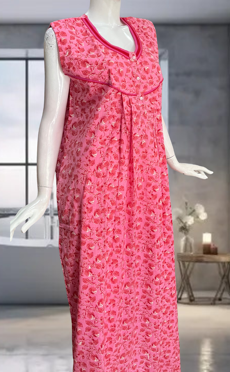 Pink Leafy Pure Cotton Sleeveless Nighty. Pure Durable Cotton | Laces and Frills