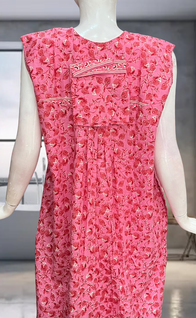 Pink Leafy Pure Cotton Sleeveless Nighty. Pure Durable Cotton | Laces and Frills