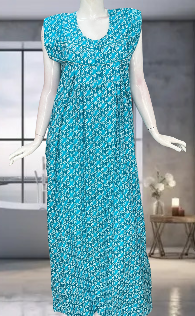 Sky Blue Flora Pure Cotton Sleeveless Nighty. Pure Durable Cotton | Laces and Frills
