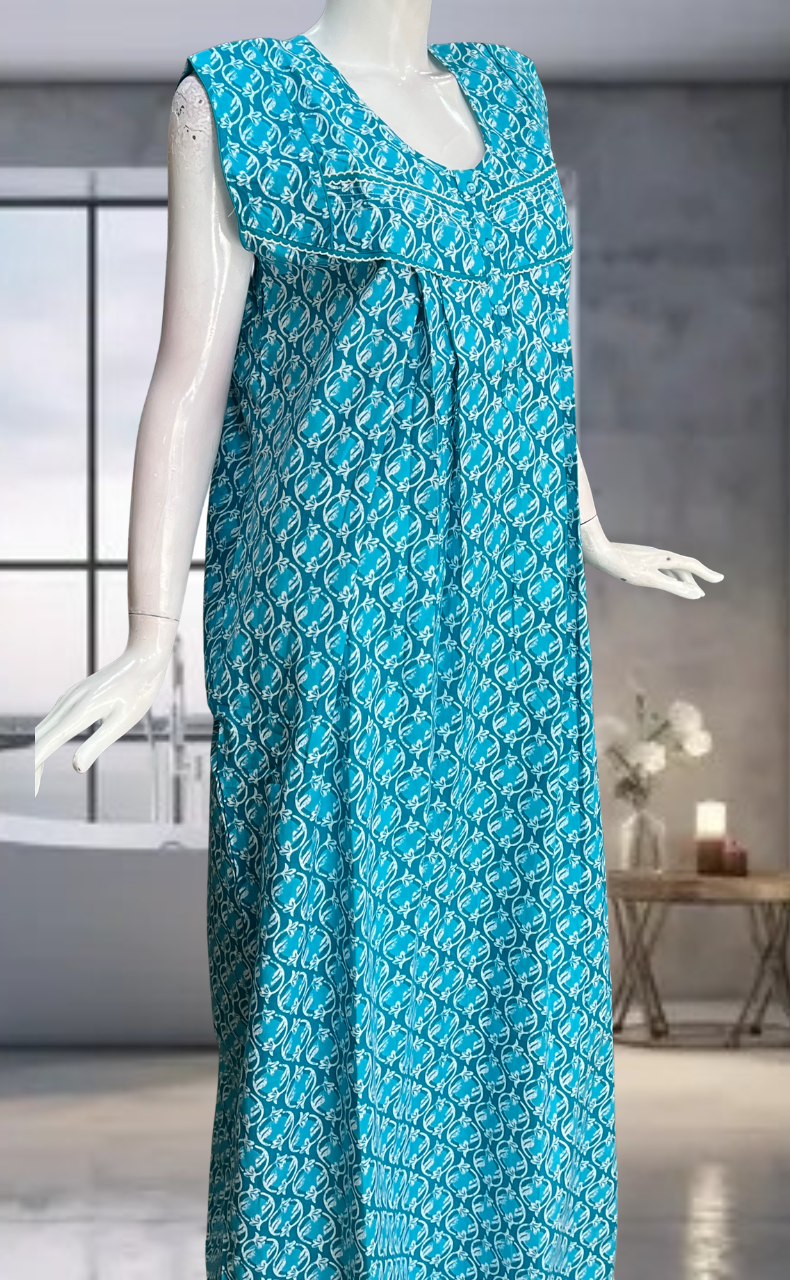 Sky Blue Flora Pure Cotton Sleeveless Nighty. Pure Durable Cotton | Laces and Frills