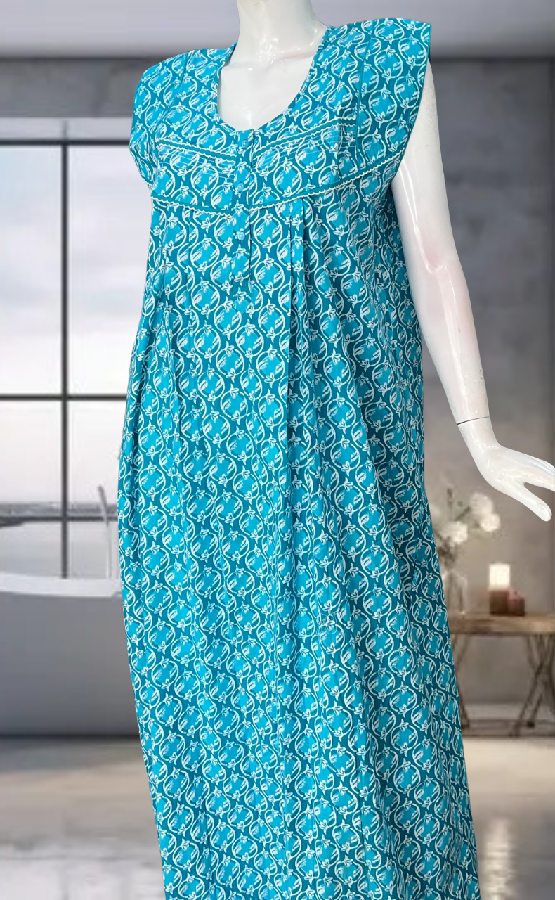 Sky Blue Flora Pure Cotton Sleeveless Nighty. Pure Durable Cotton | Laces and Frills