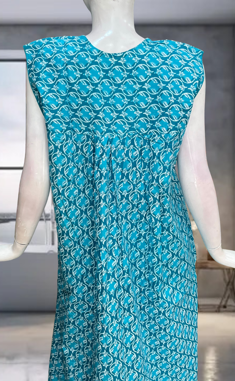 Sky Blue Flora Pure Cotton Sleeveless Nighty. Pure Durable Cotton | Laces and Frills