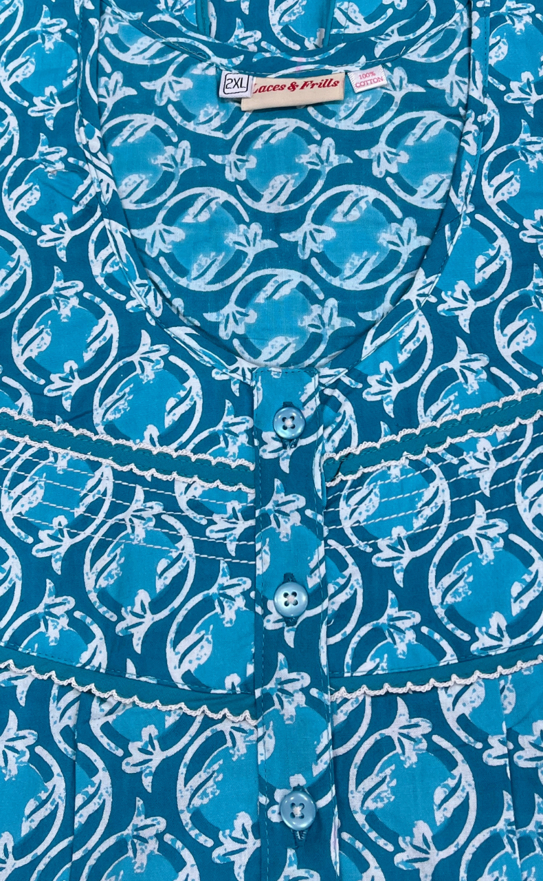 Sky Blue Flora Pure Cotton Sleeveless Nighty. Pure Durable Cotton | Laces and Frills