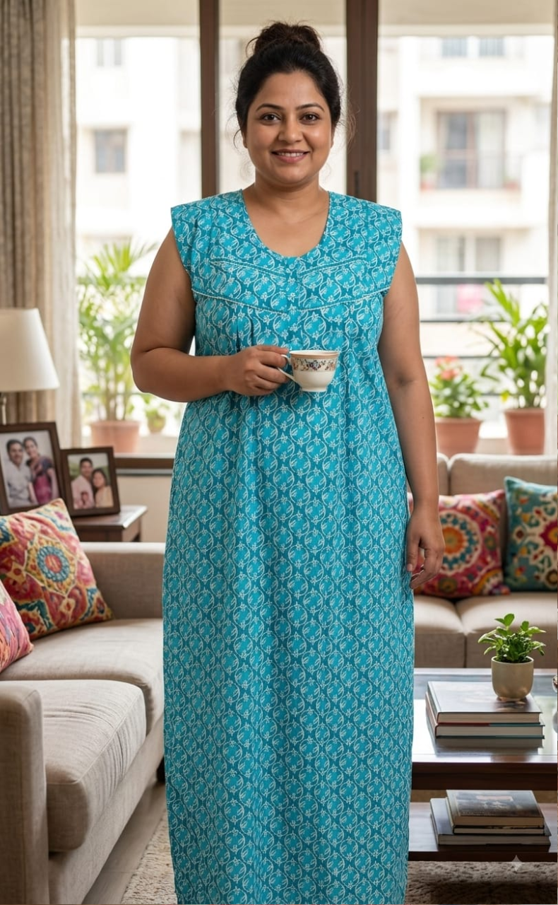 Sky Blue Flora Pure Cotton Sleeveless Nighty. Pure Durable Cotton | Laces and Frills