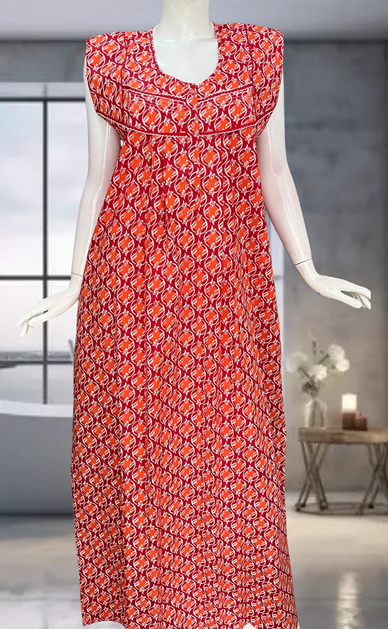 Red Flora Pure Cotton Sleeveless Nighty. Pure Durable Cotton | Laces and Frills