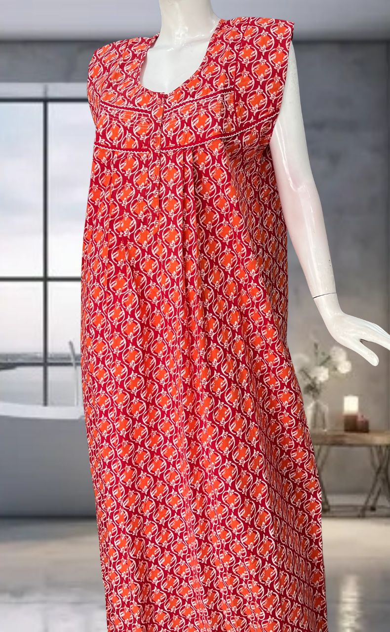 Red Flora Pure Cotton Sleeveless Nighty. Pure Durable Cotton | Laces and Frills