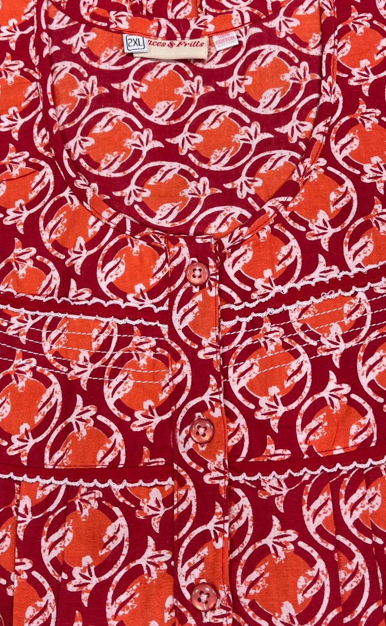 Red Flora Pure Cotton Sleeveless Nighty. Pure Durable Cotton | Laces and Frills