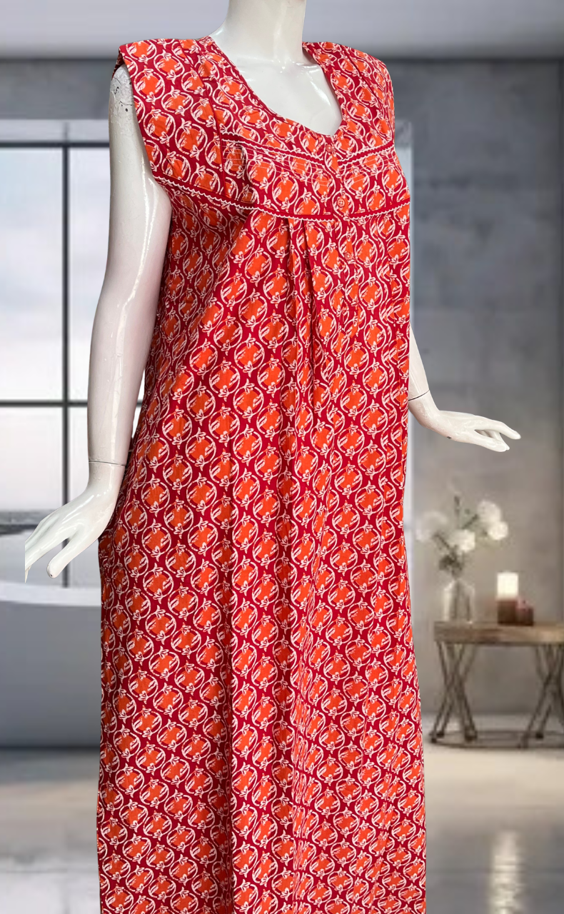 Red Flora Pure Cotton Sleeveless Nighty. Pure Durable Cotton | Laces and Frills