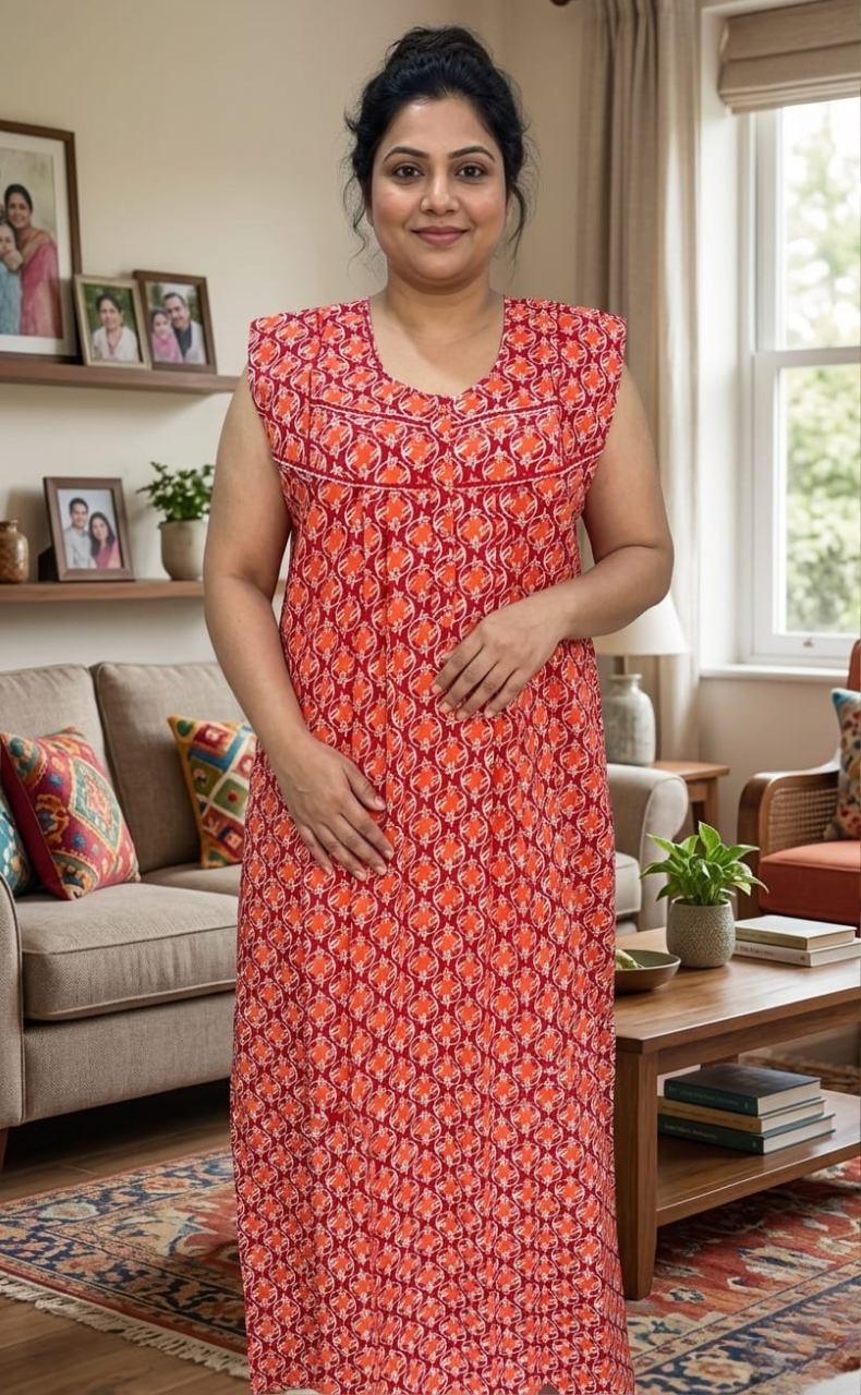 Red Flora Pure Cotton Sleeveless Nighty. Pure Durable Cotton | Laces and Frills