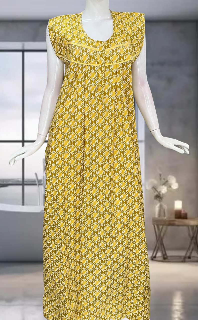 Yellow Flora Pure Cotton Sleeveless Nighty. Pure Durable Cotton | Laces and Frills