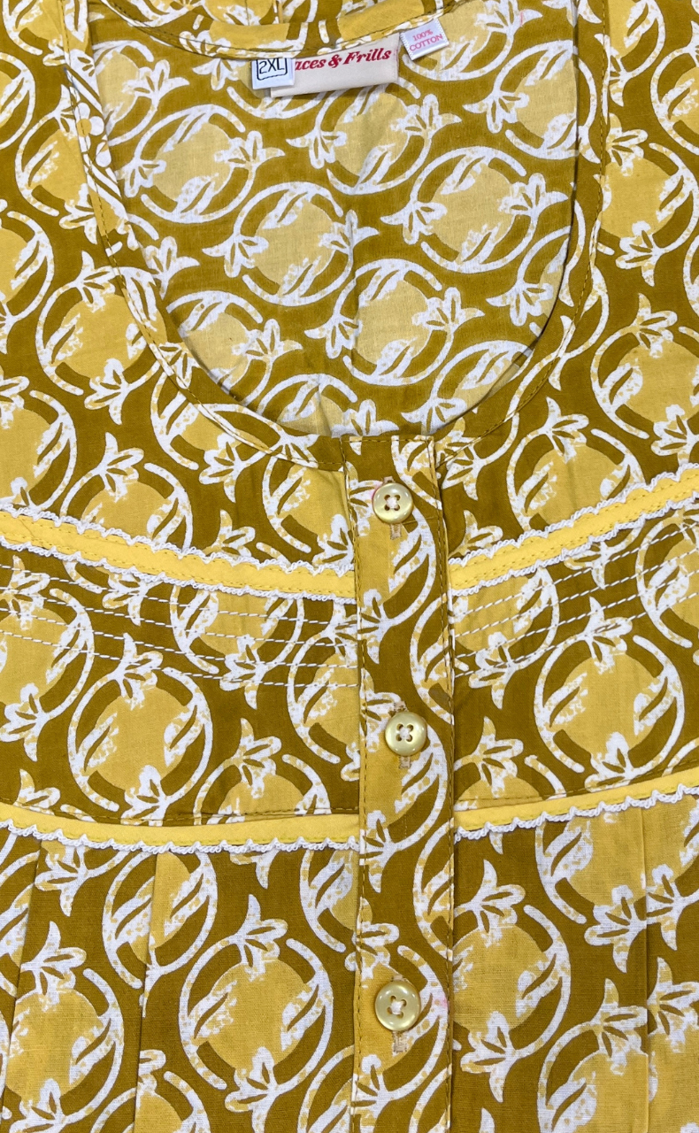Yellow Flora Pure Cotton Sleeveless Nighty. Pure Durable Cotton | Laces and Frills