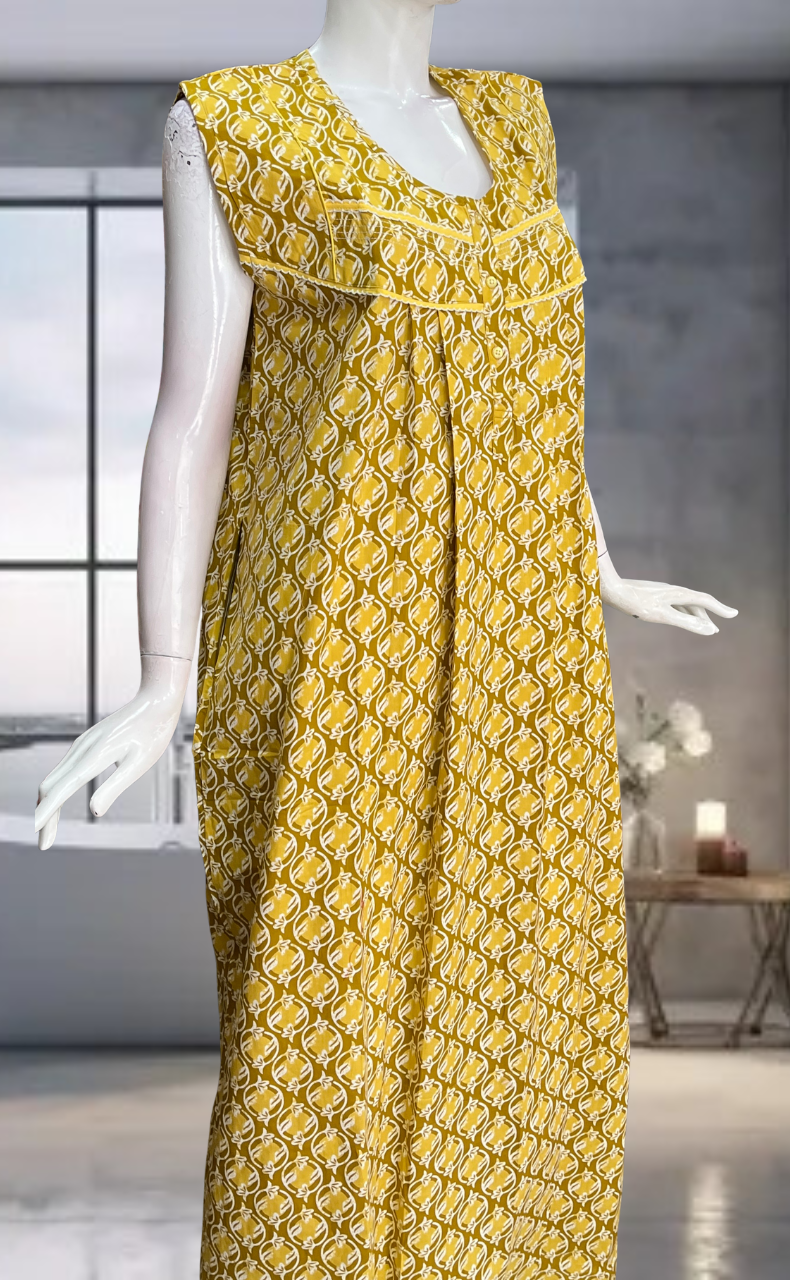 Yellow Flora Pure Cotton Sleeveless Nighty. Pure Durable Cotton | Laces and Frills