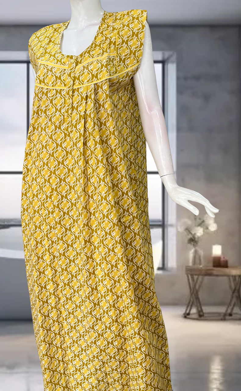 Yellow Flora Pure Cotton Sleeveless Nighty. Pure Durable Cotton | Laces and Frills