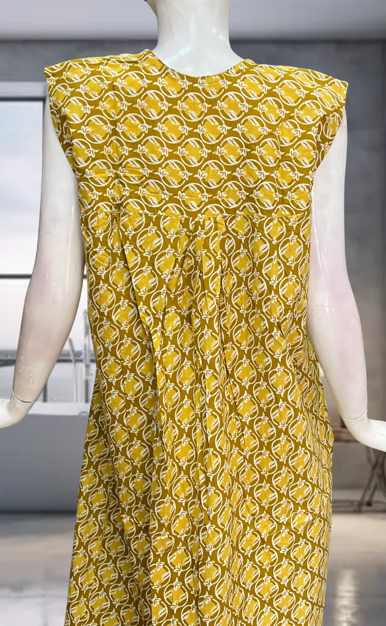 Yellow Flora Pure Cotton Sleeveless Nighty. Pure Durable Cotton | Laces and Frills