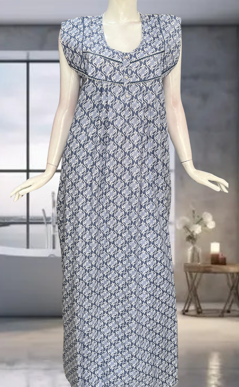 Grey Flora Pure Cotton Sleeveless Nighty. Pure Durable Cotton | Laces and Frills