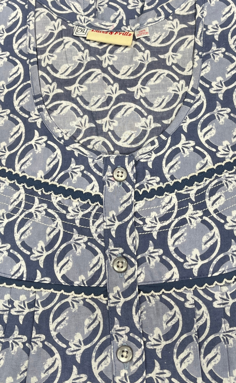 Grey Flora Pure Cotton Sleeveless Nighty. Pure Durable Cotton | Laces and Frills