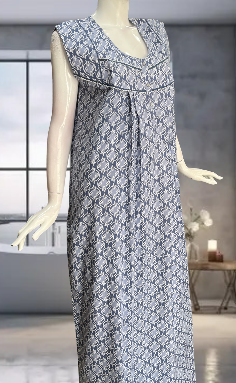 Grey Flora Pure Cotton Sleeveless Nighty. Pure Durable Cotton | Laces and Frills