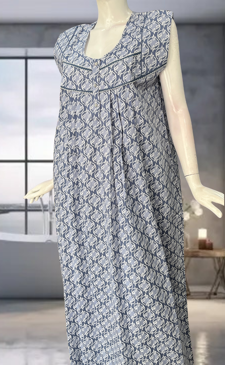 Grey Flora Pure Cotton Sleeveless Nighty. Pure Durable Cotton | Laces and Frills