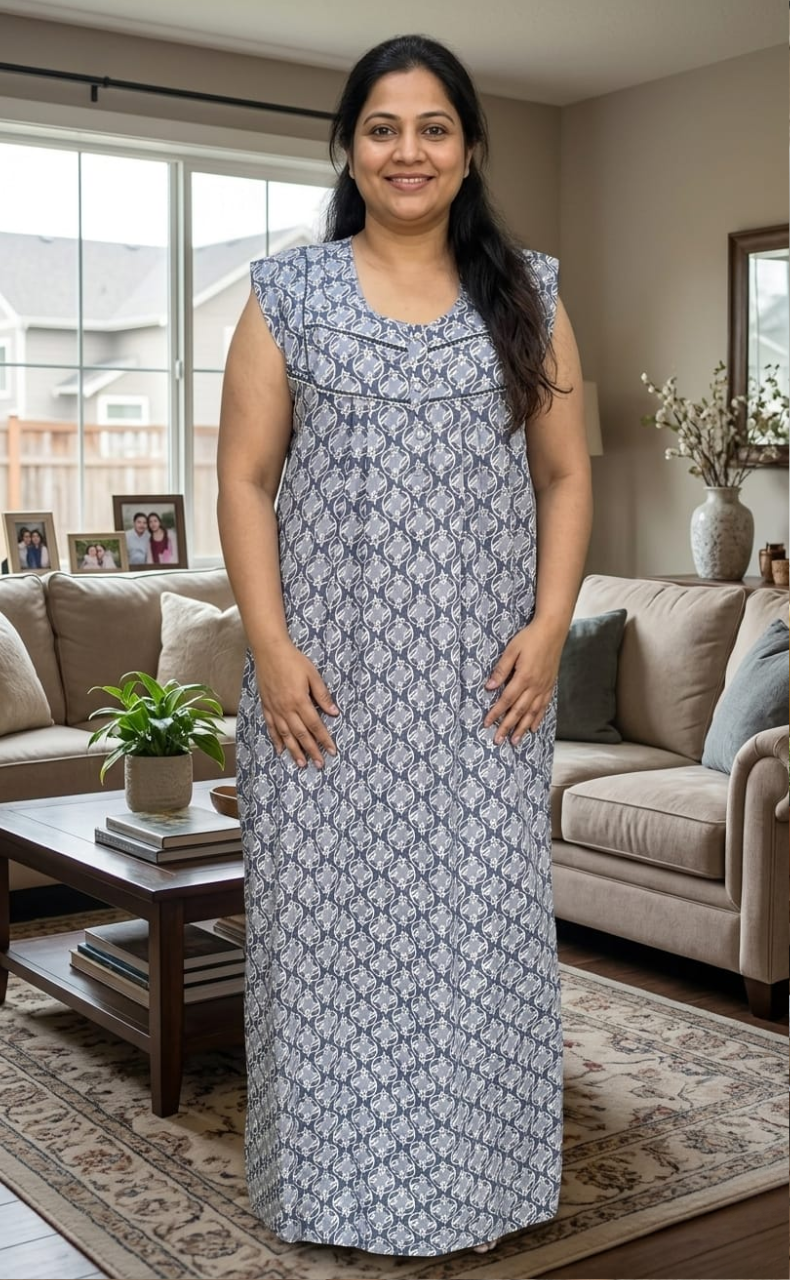 Grey Flora Pure Cotton Sleeveless Nighty. Pure Durable Cotton | Laces and Frills
