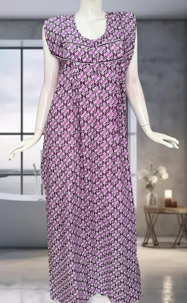 Purple Flora Pure Cotton Sleeveless Nighty. Pure Durable Cotton | Laces and Frills