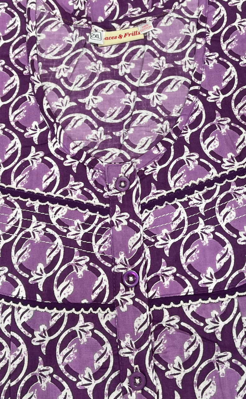 Purple Flora Pure Cotton Sleeveless Nighty. Pure Durable Cotton | Laces and Frills