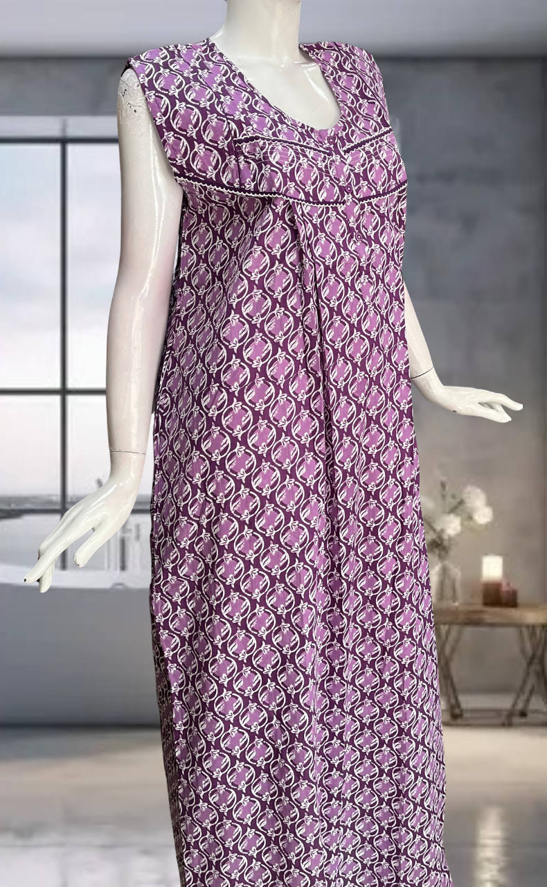 Purple Flora Pure Cotton Sleeveless Nighty. Pure Durable Cotton | Laces and Frills