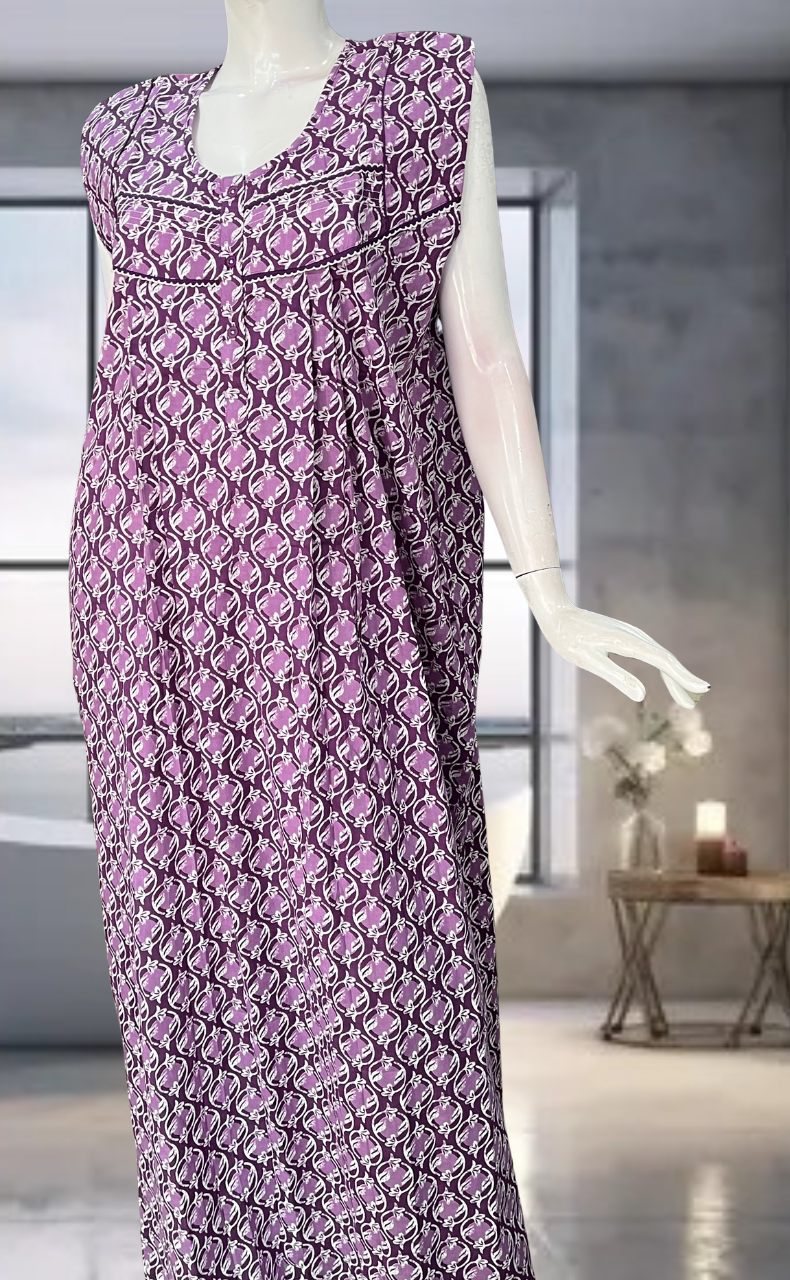 Purple Flora Pure Cotton Sleeveless Nighty. Pure Durable Cotton | Laces and Frills