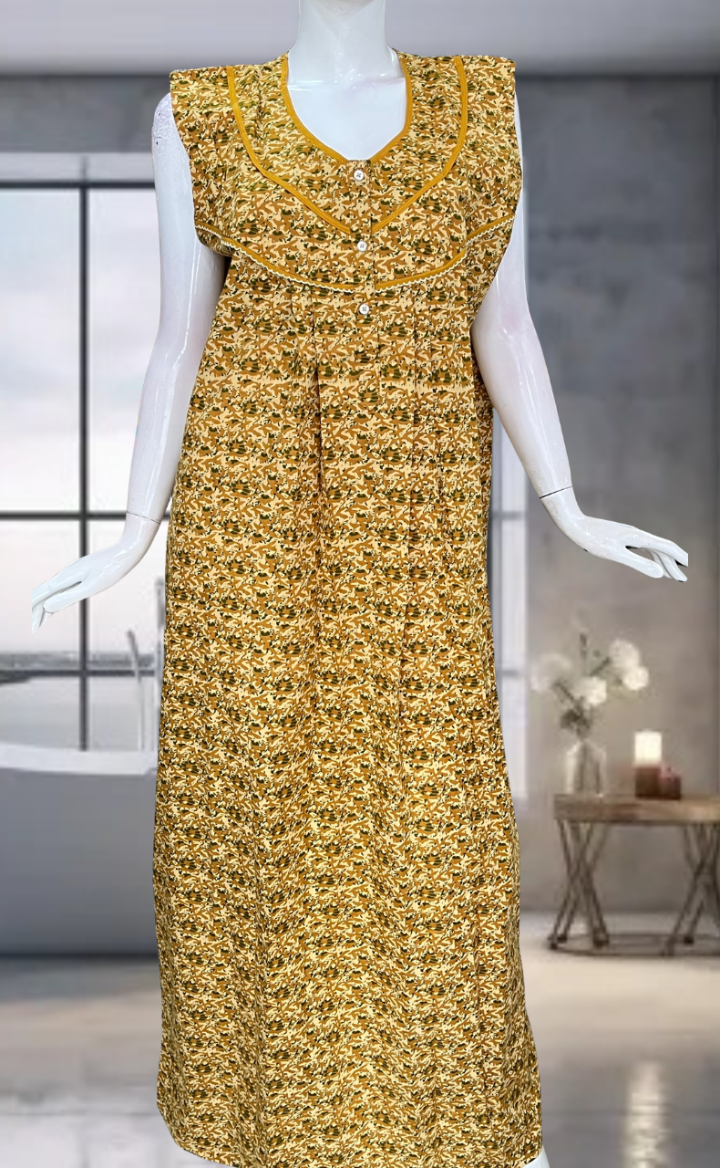 Yellow Flora Pure Cotton Sleeveless Nighty. Pure Durable Cotton | Laces and Frills