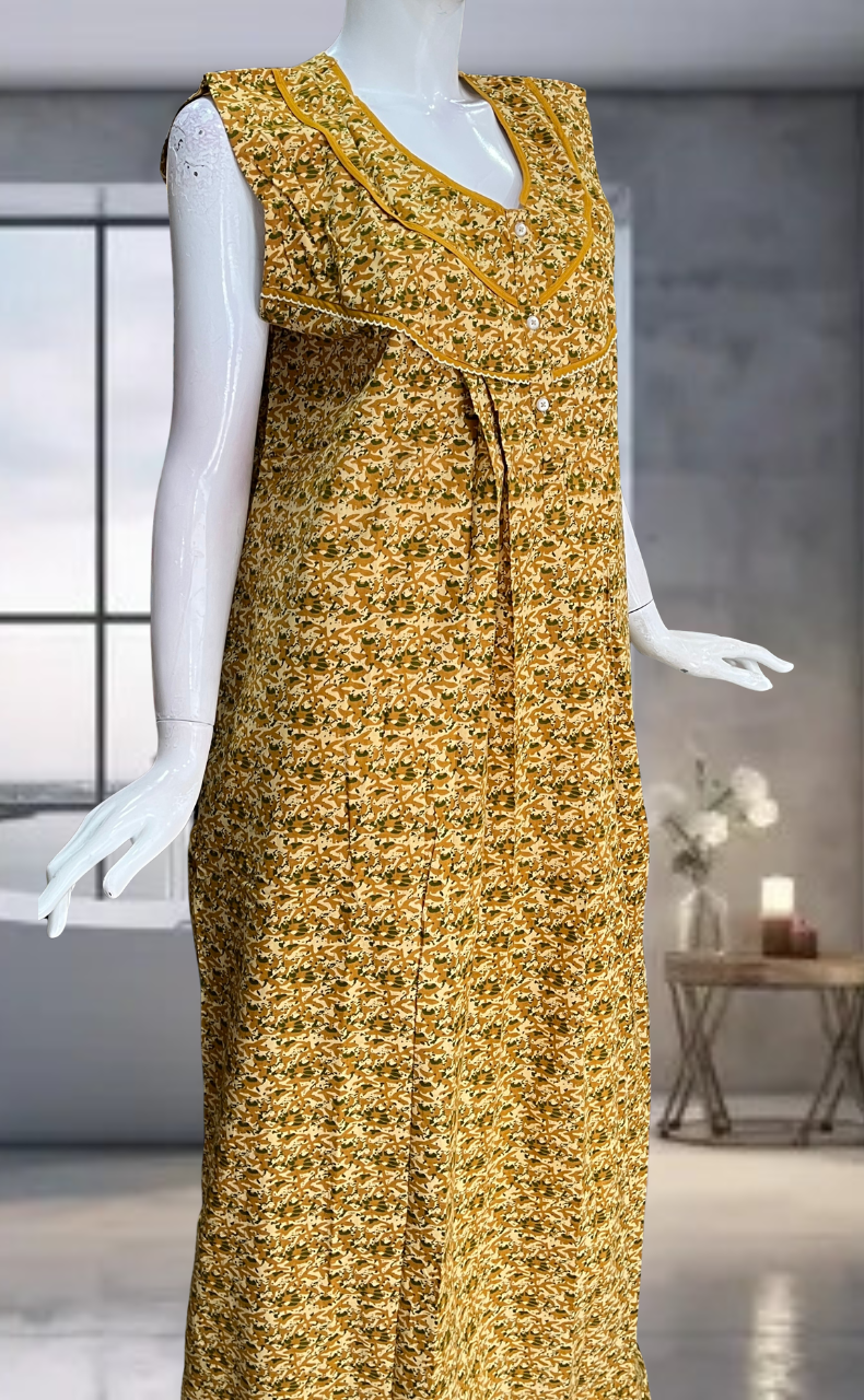 Yellow Flora Pure Cotton Sleeveless Nighty. Pure Durable Cotton | Laces and Frills