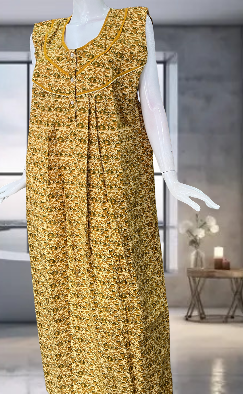 Yellow Flora Pure Cotton Sleeveless Nighty. Pure Durable Cotton | Laces and Frills