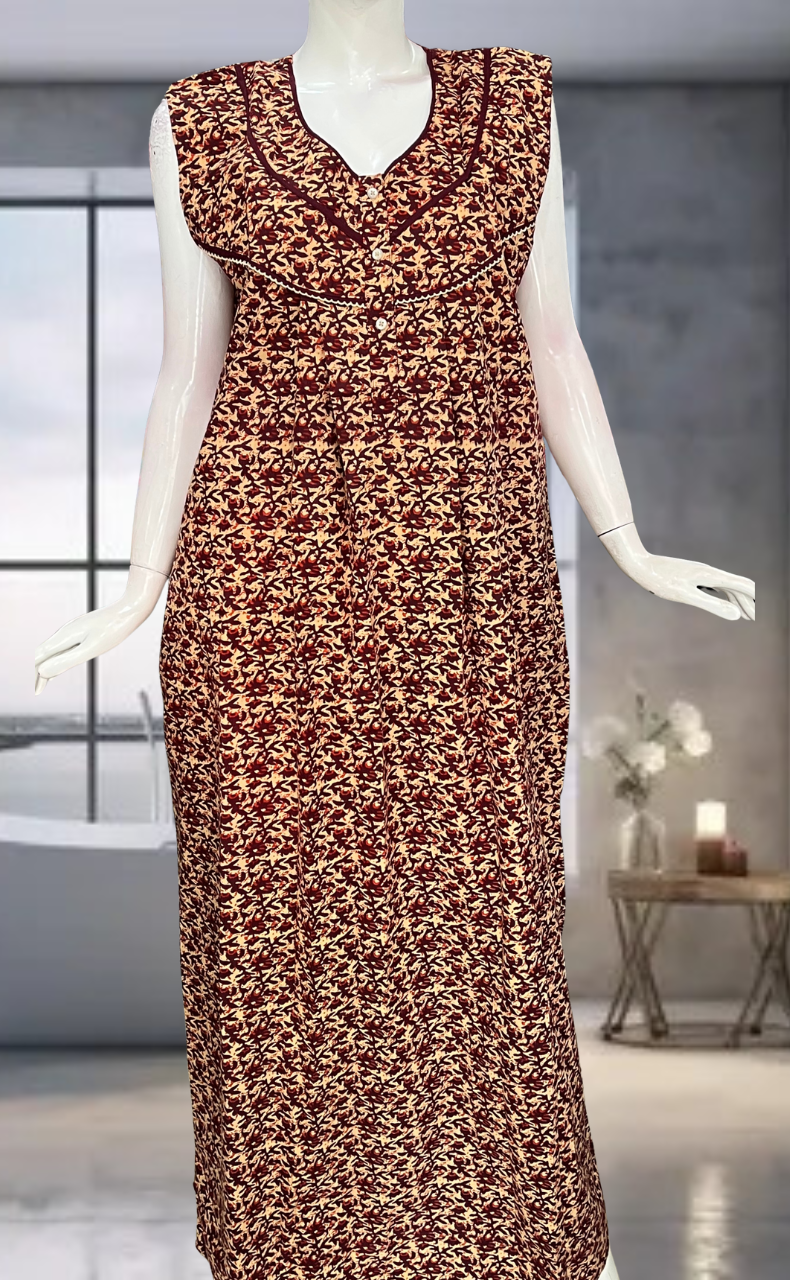 Maroon Flora Pure Cotton Sleeveless Nighty. Pure Durable Cotton | Laces and Frills