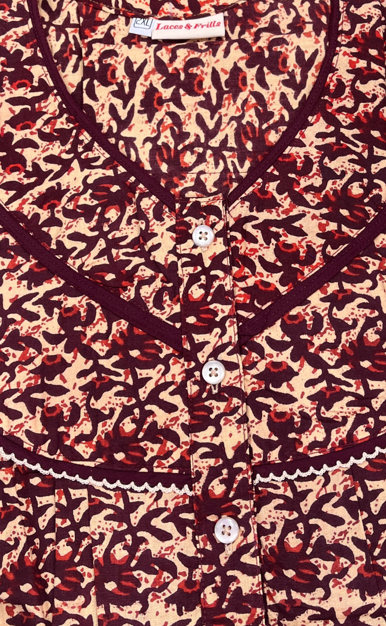 Maroon Flora Pure Cotton Sleeveless Nighty. Pure Durable Cotton | Laces and Frills
