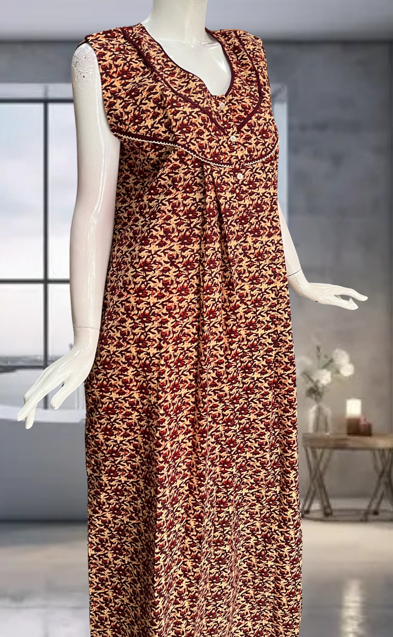 Maroon Flora Pure Cotton Sleeveless Nighty. Pure Durable Cotton | Laces and Frills