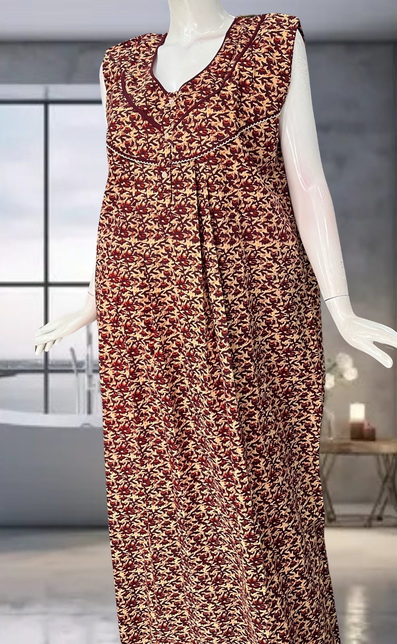 Maroon Flora Pure Cotton Sleeveless Nighty. Pure Durable Cotton | Laces and Frills