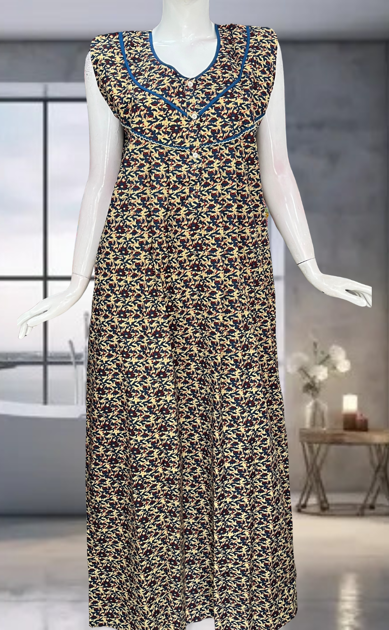 Blue Flora Pure Cotton Sleeveless Nighty. Pure Durable Cotton | Laces and Frills