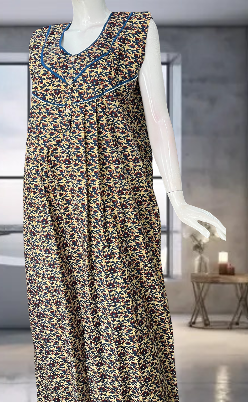 Blue Flora Pure Cotton Sleeveless Nighty. Pure Durable Cotton | Laces and Frills