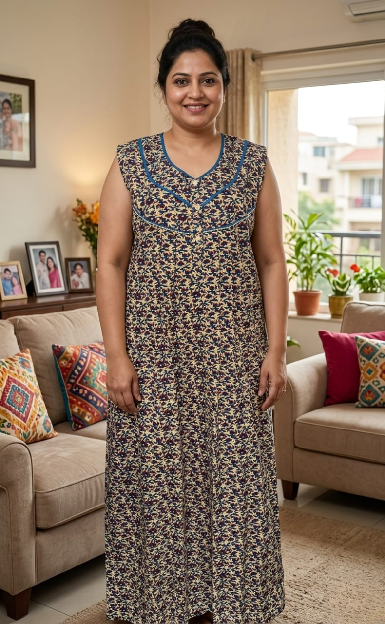 Blue Flora Pure Cotton Sleeveless Nighty. Pure Durable Cotton | Laces and Frills