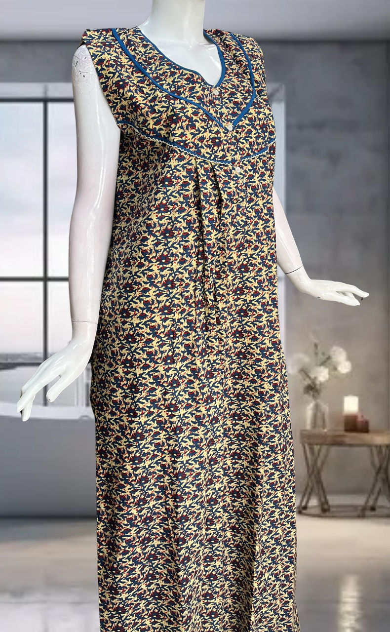 Blue Flora Pure Cotton Sleeveless Nighty. Pure Durable Cotton | Laces and Frills