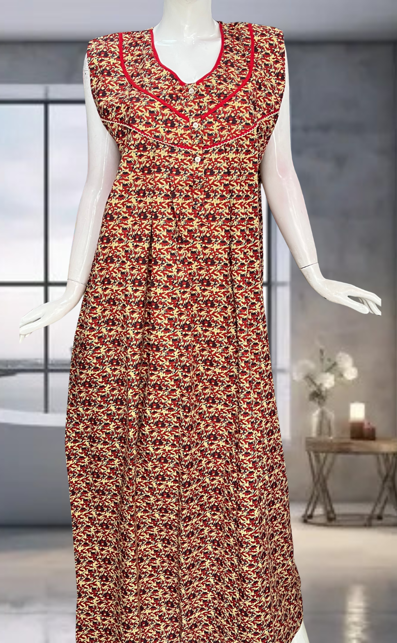 Red Flora Pure Cotton Sleeveless Nighty. Pure Durable Cotton | Laces and Frills