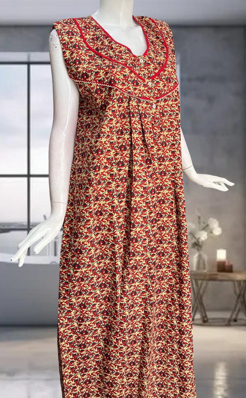 Red Flora Pure Cotton Sleeveless Nighty. Pure Durable Cotton | Laces and Frills
