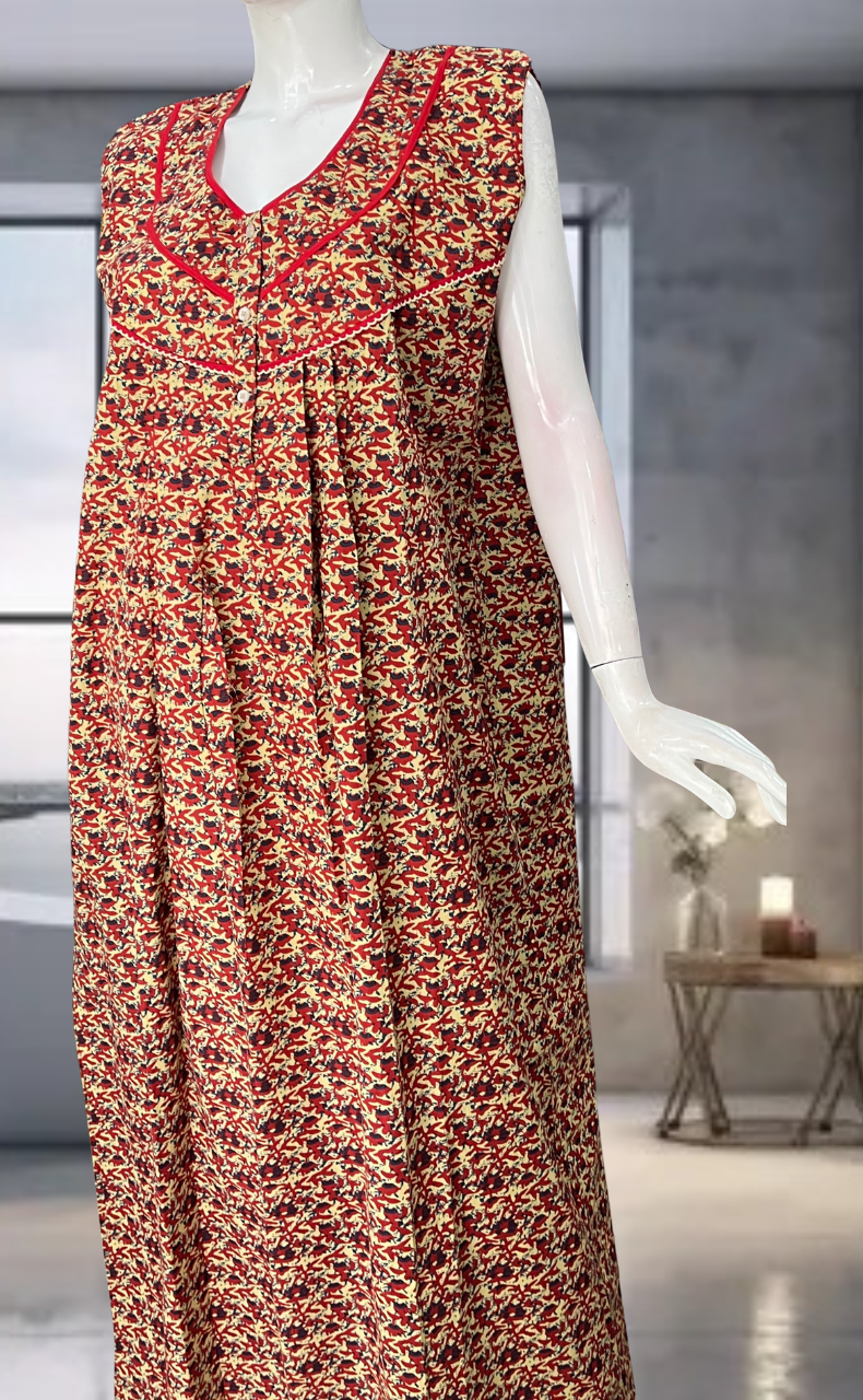 Red Flora Pure Cotton Sleeveless Nighty. Pure Durable Cotton | Laces and Frills