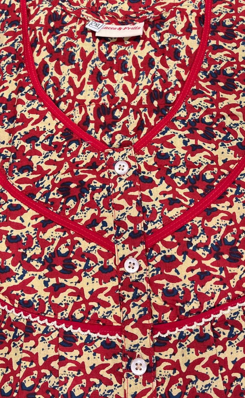 Red Flora Pure Cotton Sleeveless Nighty. Pure Durable Cotton | Laces and Frills