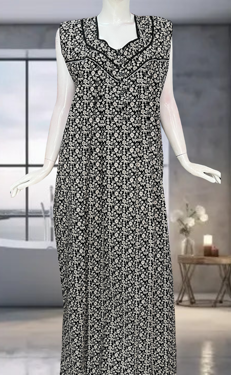 Black Garden Pure Cotton Sleeveless Nighty. Pure Durable Cotton | Laces and Frills