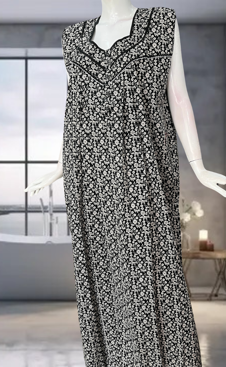 Black Garden Pure Cotton Sleeveless Nighty. Pure Durable Cotton | Laces and Frills