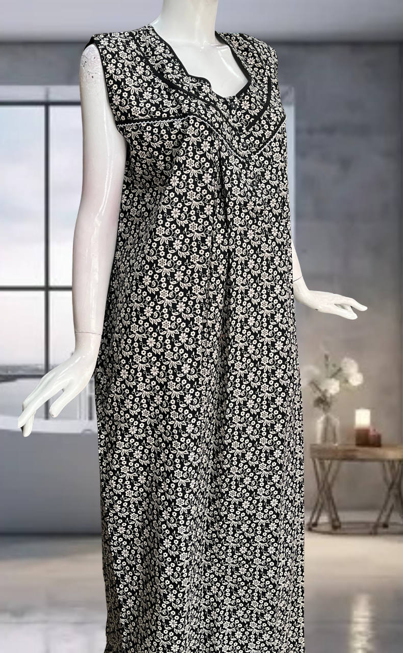 Black Garden Pure Cotton Sleeveless Nighty. Pure Durable Cotton | Laces and Frills