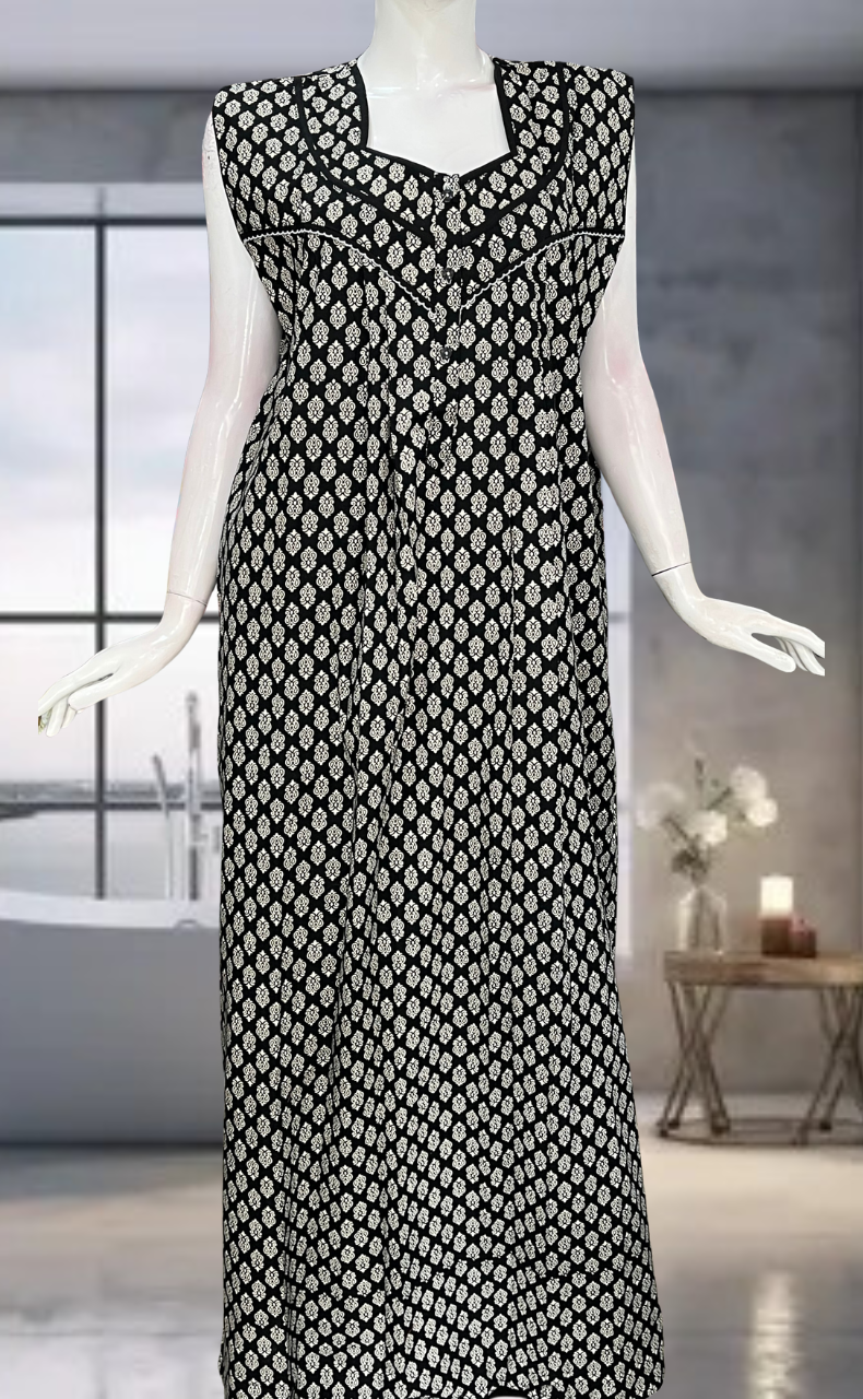 Black Motif Pure Cotton Sleeveless Nighty. Pure Durable Cotton | Laces and Frills