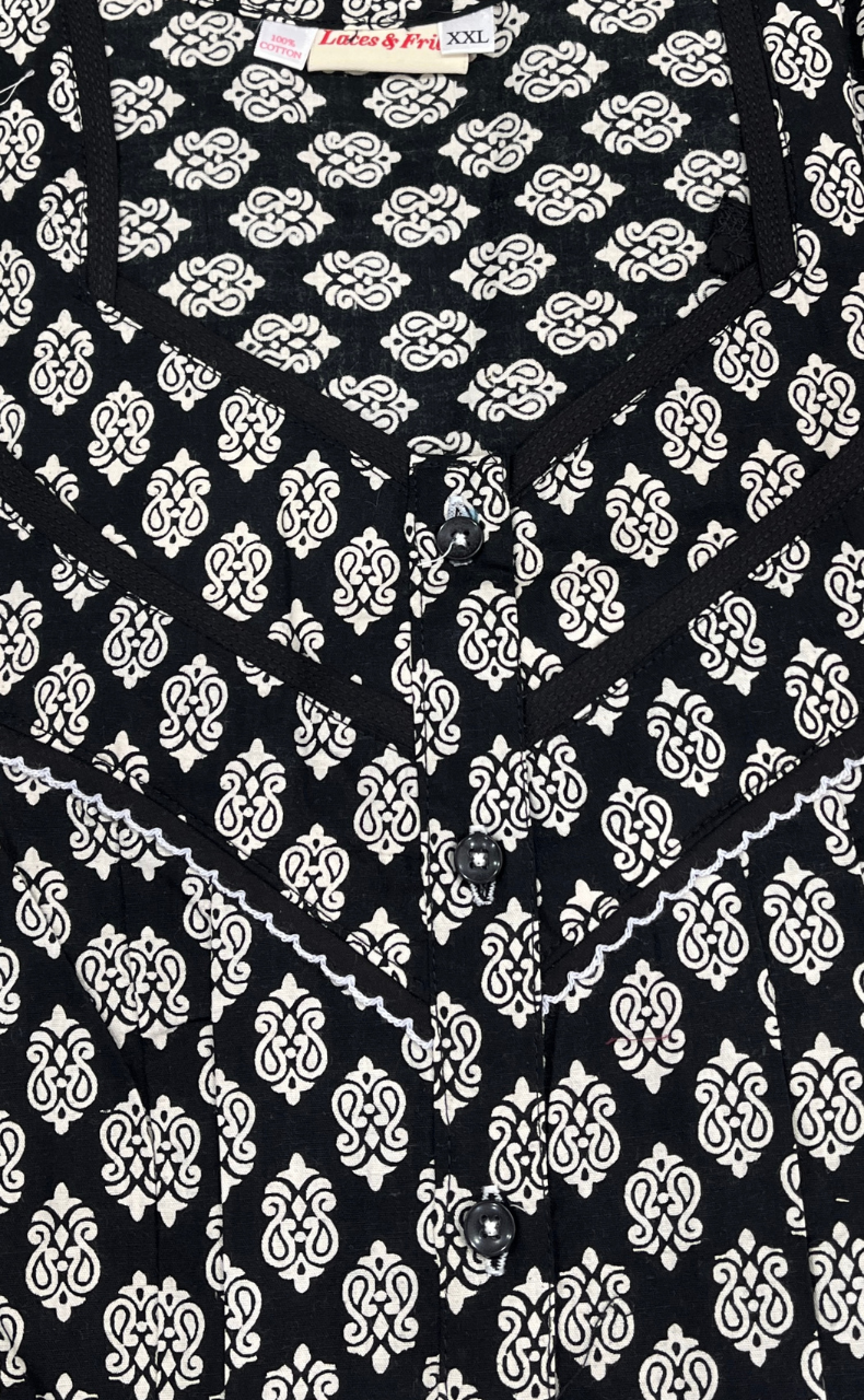 Black Motif Pure Cotton Sleeveless Nighty. Pure Durable Cotton | Laces and Frills