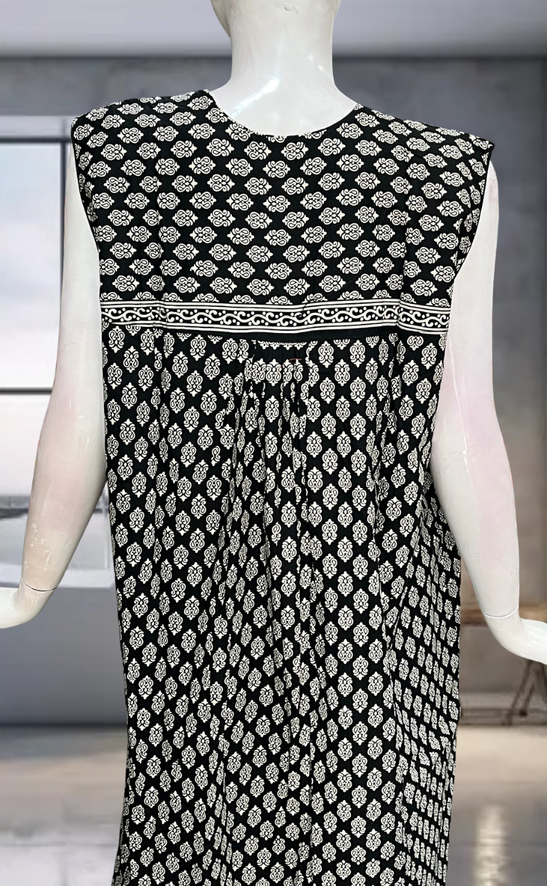 Black Motif Pure Cotton Sleeveless Nighty. Pure Durable Cotton | Laces and Frills