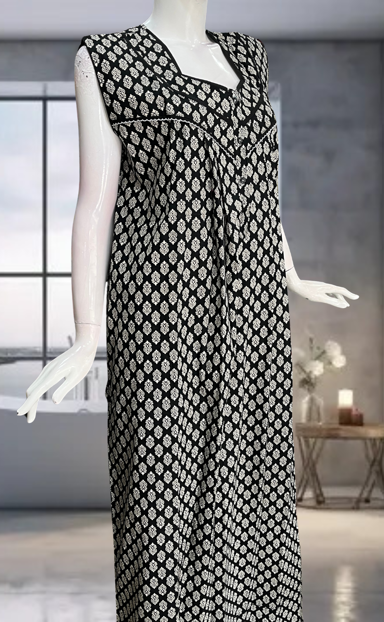 Black Motif Pure Cotton Sleeveless Nighty. Pure Durable Cotton | Laces and Frills